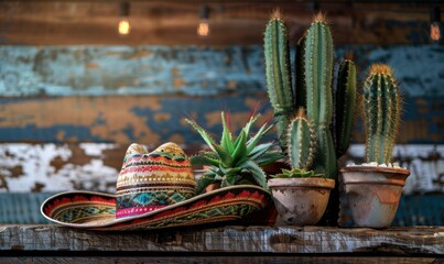Mexican hat and cactus on wooden table over grunge background. Copy space. Vintage style. Cinco de mayo background