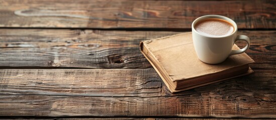 Closed book and coffee cup on vintage wooden background with a responsive design template.
