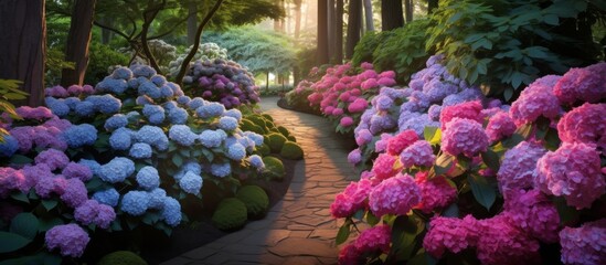 The garden is filled with various types of plants, including shrubs, trees, and groundcover, with colorful flowers like magenta petals blooming throughout the natural landscape