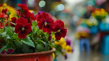  a close up of a potted plant with red and yellow pansies in front of a blurry background.