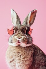Cute bunny in sunglasses on a pink background. Easter holiday concept. Copy space.