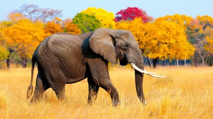 Fototapeta premium an elephant is walking through a field of tall brown grass with trees in the background and yellow grass in the foreground.
