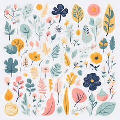 A collection of seamless pattern, colorful abstract plants and flowers. Hand drawn Collection of leaves and flowers. A close up of a pattern of flowers and leaves.
