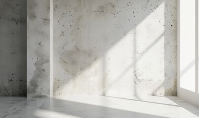 Minimalistic simple abstract light background for product presentation. Shadow and light from the window on the wall. Light concrete wall