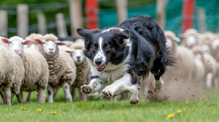 Border collie puppy herding sheep in lush green pasture, displaying intelligence and skill - obrazy, fototapety, plakaty