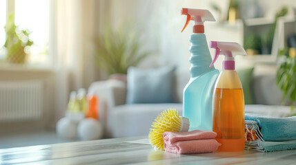 Obraz na płótnie Canvas detergents in spray bottles, cleaning, background, washing, sponge, brush, liquid, cleansing, cleaning service, cleanliness, apartment, household