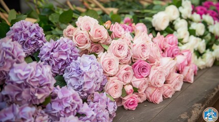  a close up of a bunch of flowers on a table with one bunch of flowers on the side of the table.