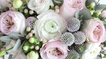  a close up of a bouquet of flowers with green leaves and pink and white flowers in the middle of the bouquet.
