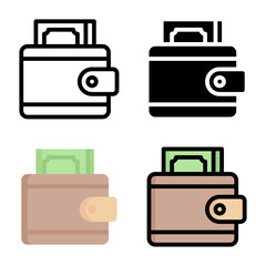 Wallet icon set style collection in line, solid, flat, flat line style on white background