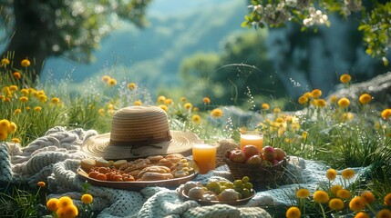A picnic spread out on a sunlit grassy area, as seen from above, featuring an inviting selection of...