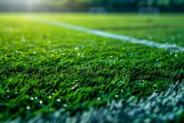 Closeup of soccer field lines on a grassy pitch creating a dynamic and vibrant sports background. Concept Sports Field, Soccer Lines, Grass Pitch, Dynamic Background, Vibrant Colors