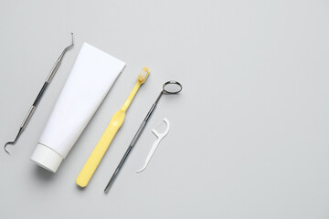 Dental tools and oral hygiene supplies on white background. World Dentist Day