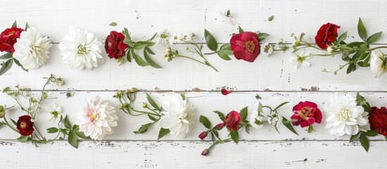 Flowers arranged on a white wooden surface, viewed from above with room for text.