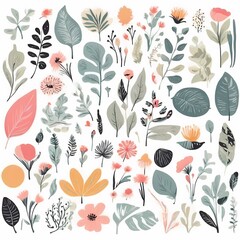 A collection of seamless pattern, colorful abstract plants and flowers. Hand drawn Collection of leaves and flowers. A close up of a pattern of flowers and leaves.
