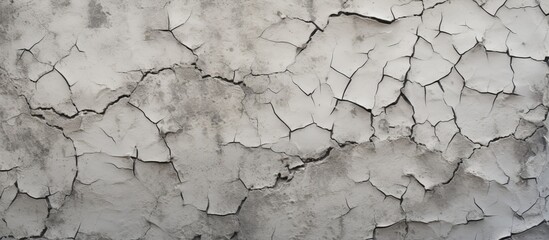 A detailed shot showcasing the intricate pattern of a cracked concrete wall, revealing layers of bedrock underneath. The weathered surface resembles a composite material blending asphalt and rock