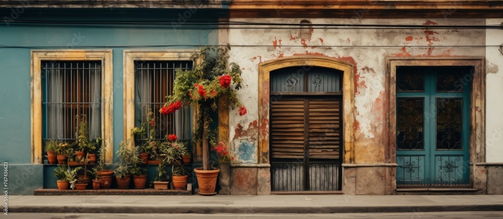 Canvas Prints two buildings showcasing beautiful facades with brick walls and wooden fixtures. potted plants add a