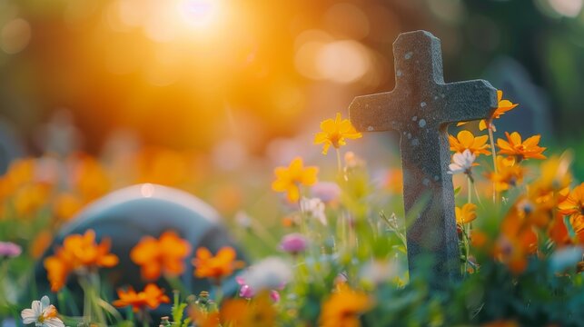Easter symbolism  cross on empty tombstone in sunrise meadow, religious concept at dawn