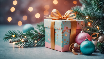 Fototapeta na wymiar gift box, Christmas tree branch, balls present