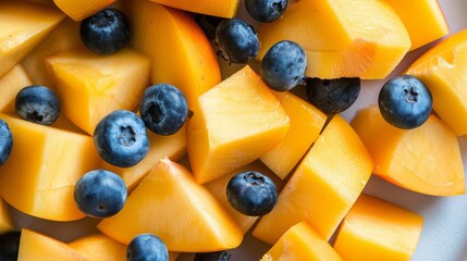  a close up of a plate of fruit with blueberries and pineapples on the side of the plate.