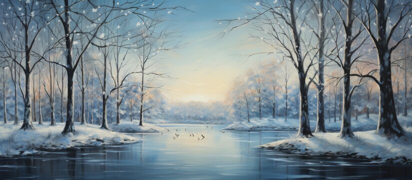 A beautiful painting capturing the essence of a winter landscape with a river, snowcovered trees, and a cloudy sky. The freezing atmosphere adds a touch of artistry to this natural scene