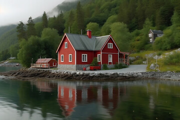 Fototapeta na wymiar Red house by lake shore