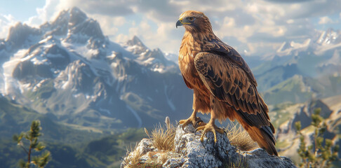 A large brown hawk is perched on a rock in front of a mountain range