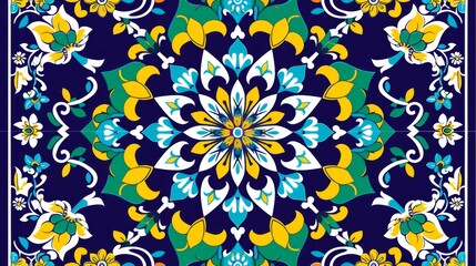  a blue, yellow, and white square with a flower design on the center of the square is surrounded by smaller yellow, blue, green, white, and yellow flowers.
