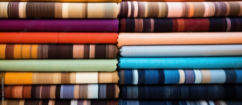 Poster an up-close view of a collection of vibrant fabrics with colorful stripes arranged in a neat stack