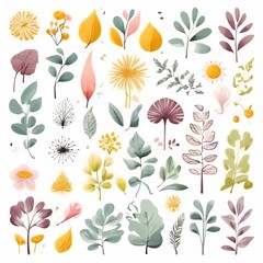 A collection of seamless pattern, colorful abstract plants and flowers. Hand drawn Collection of leaves and flowers. A close up of a pattern of flowers and leaves.
