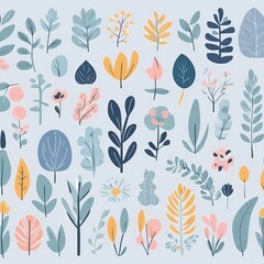 A collection of seamless pattern, colorful abstract plants and flowers. Hand drawn Collection of leaves and flowers. A close up of a pattern of flowers and leaves.
