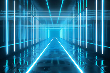 A blue hallway with neon lights. The blue color of the lights gives a sense of calmness and serenity