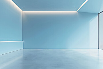 A large, empty room with a blue wall and a white ceiling. The space is open and diaphanous