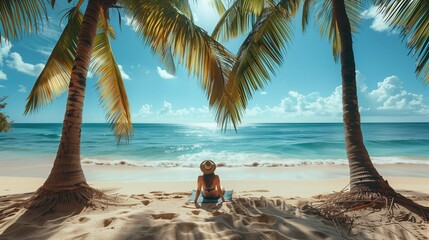 Woman in sitting on the exotic beach with palms by the ocean - obrazy, fototapety, plakaty