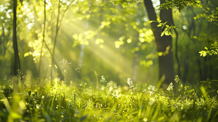 Fototapeta premium A bright sunny day in a lush green forest with sunlight shining through the trees