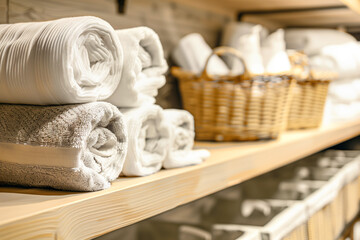 Hotel linen cleaning services and laundry with stack of clean towels and bed sheets