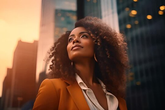 A confident woman with curly hair gazes upward, her face lit by the golden hour light, exuding ambition and beauty.