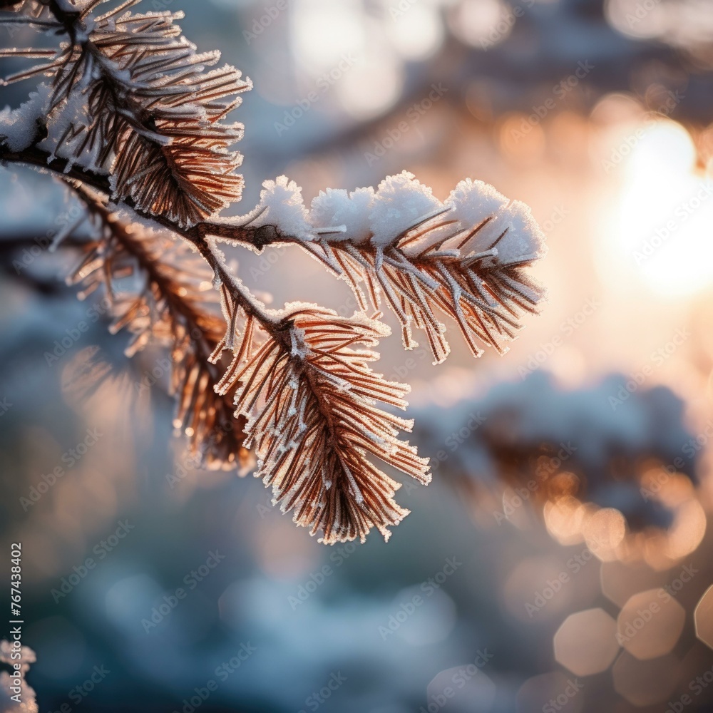 Poster a close up of a pine branch covered in snow. generative ai.