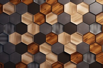 Hexagonal Wood Pattern Background, Geometric hexagon shapes wooden Background, hexagon 3d wood timber texture wall, AI Generative