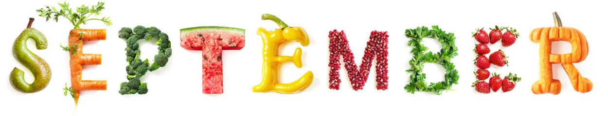 September Text Made of Fruits and Vegetables (Pear, Carrot, Broccoli, Watermelon, Yellow Pepper, Pomegranate, Parsley, Strawberry, Pumpkin) Isolated on White Background