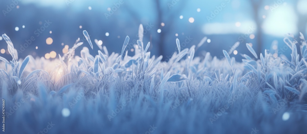 Poster a field of frosted grass with some snow on it. generative ai.