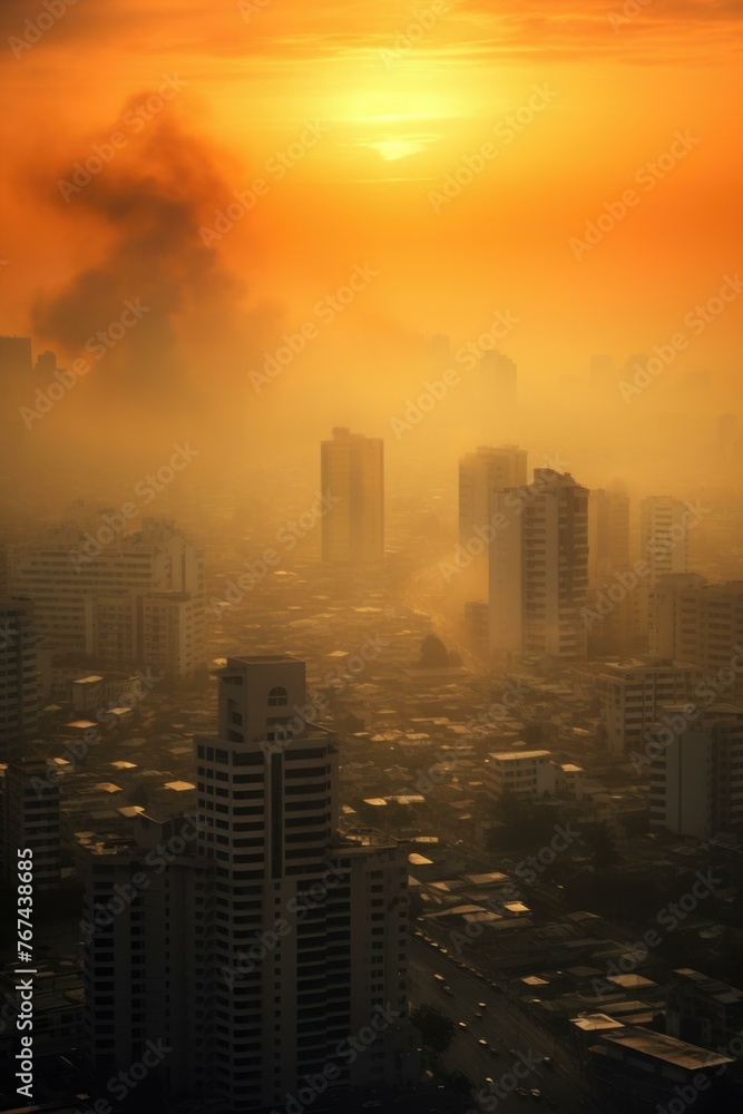 Poster a city skyline with a large building in the foreground. generative ai.