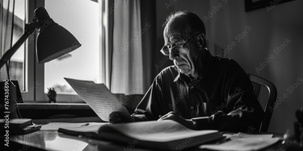 Poster a man reading a book in front of the window at night. generative ai.