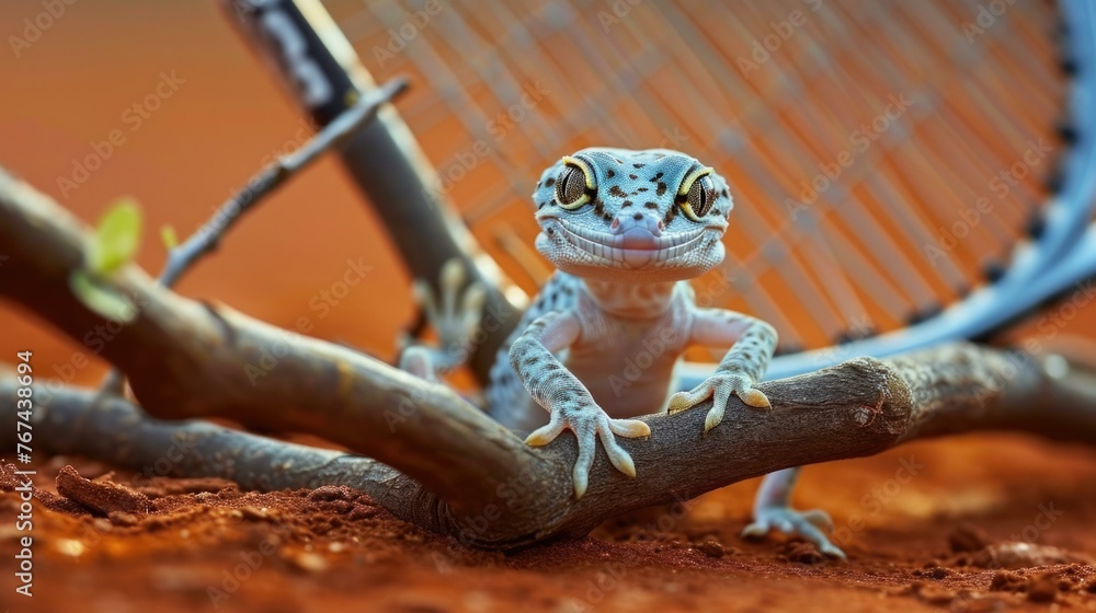 Canvas Prints A gecko is sitting on a branch with tennis racket in the background. Generative AI.