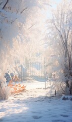 A bench is sitting in the snow next to a tree. Generative AI.