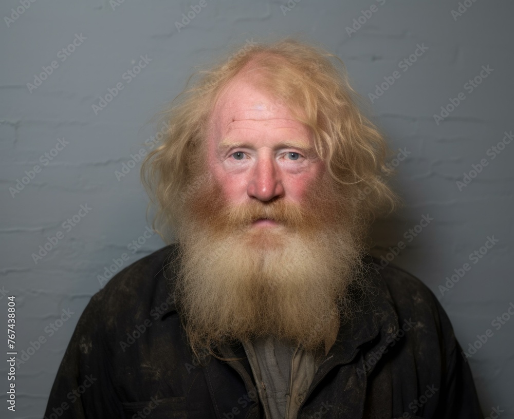 Poster a man with a long beard and mustache is posing for the camera. generative ai.