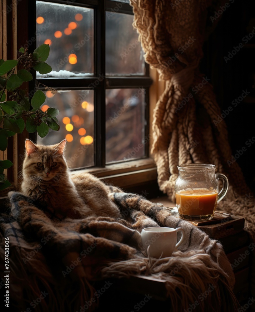 Poster a cat sitting on a blanket next to the window with coffee. generative ai.