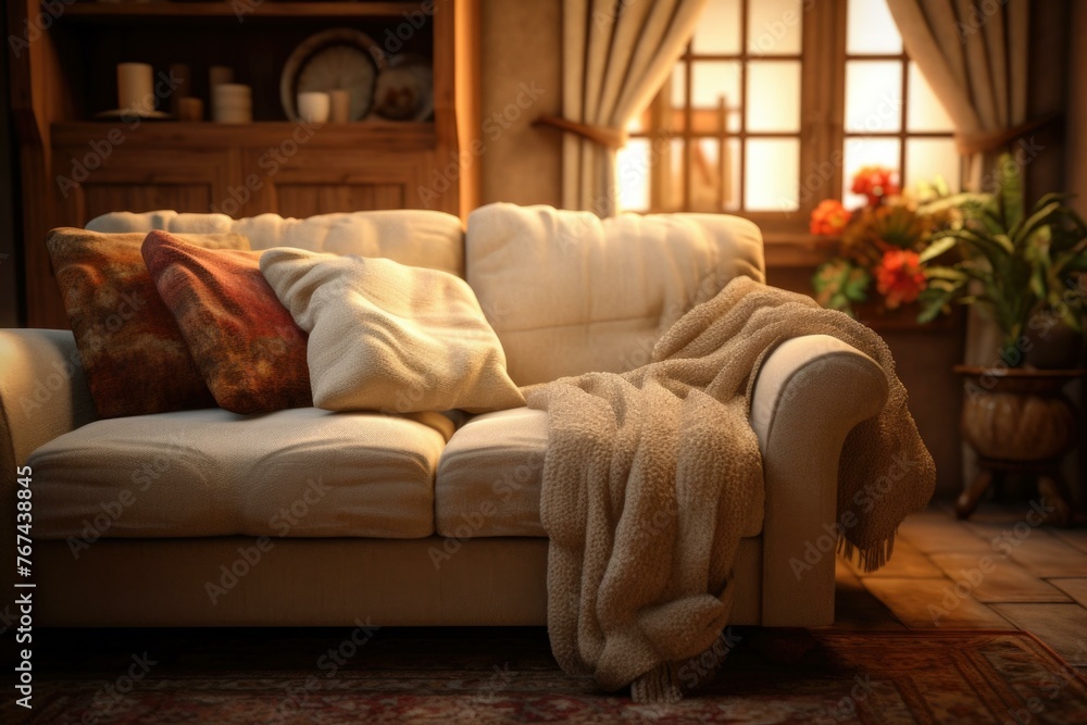 Poster a couch with a blanket on it sitting in front of the window. generative ai.