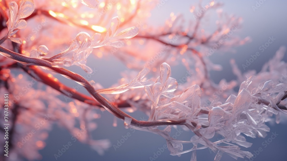 Poster a close up of a branch with frost on it. generative ai.