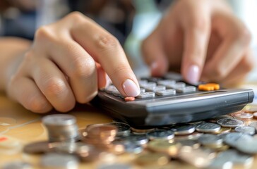 Close up of woman hands typing in a calculator with a bunch coins around on a table