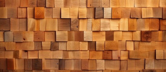 A closeup of a brown hardwood wall made of rectangular wooden squares, resembling flooring. The...